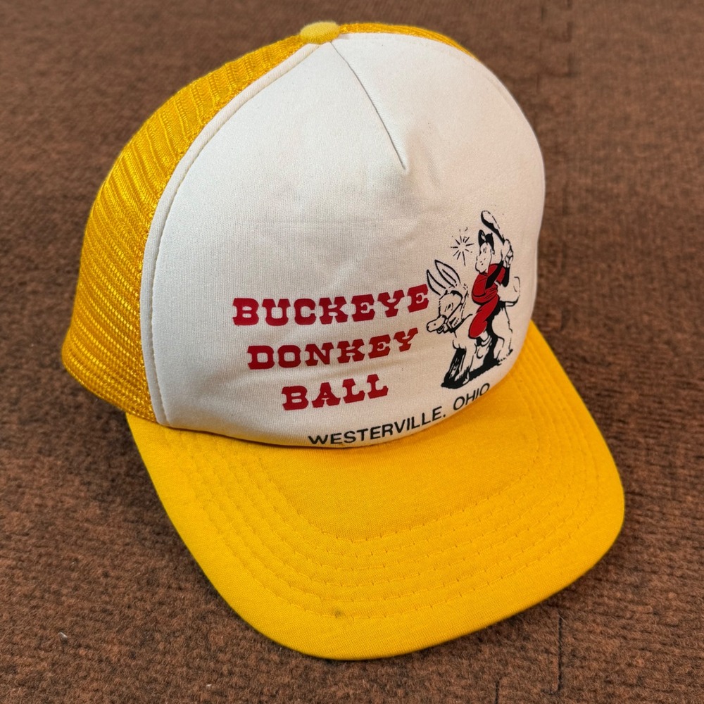 A+ Vintage Buckeye Donkey Ball Westerville Ohio Trucker Hat Yellow Mesh Snapback